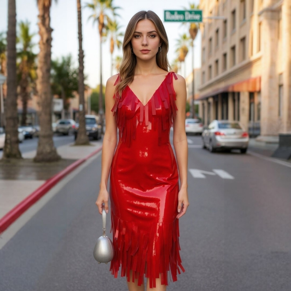 Huishan Zhang Chic Red Sequin And  Fringe Midi Dress - NWT